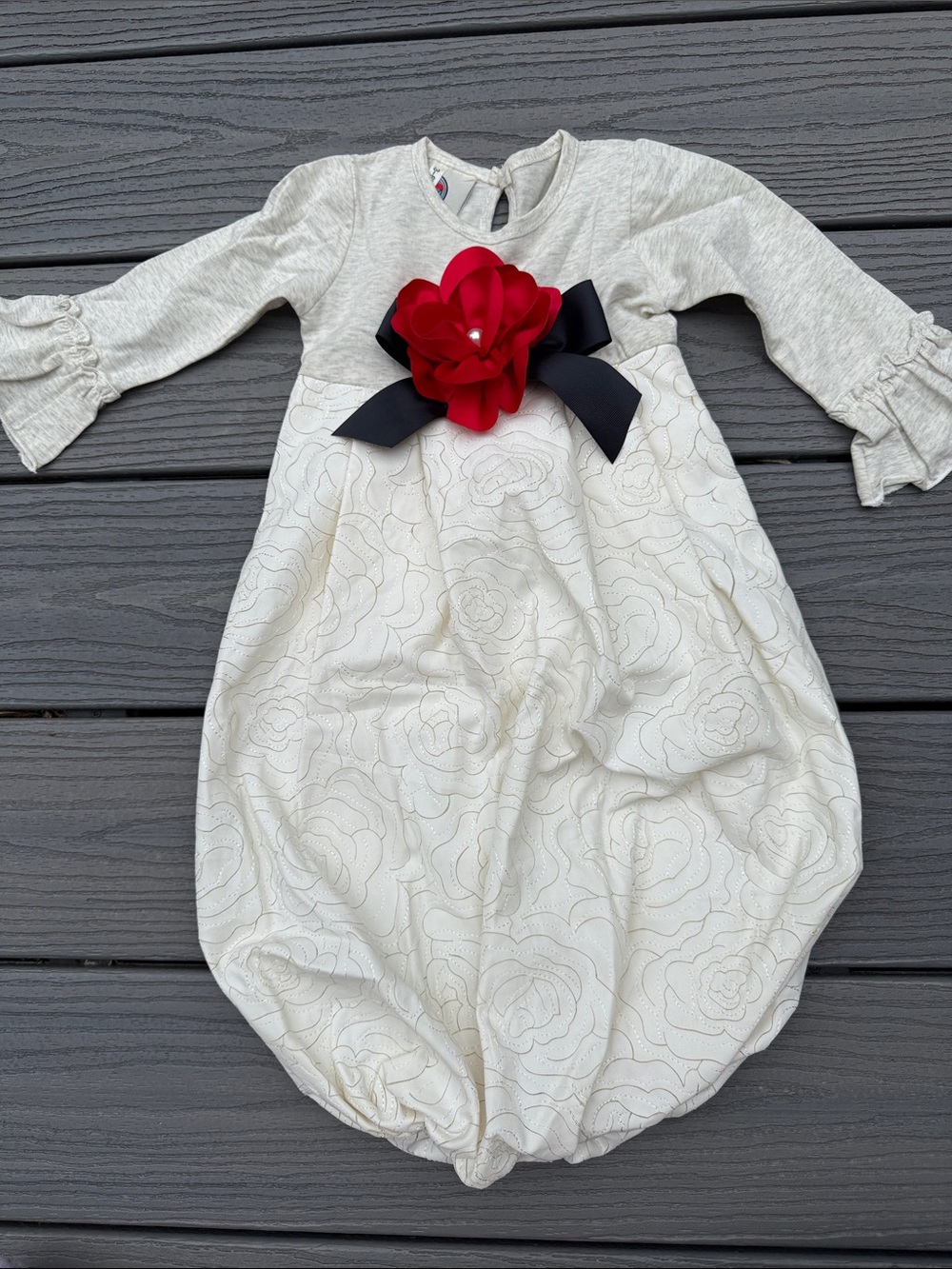 Cream Floral Bubble Nightgown with Red Flower and Black Bow